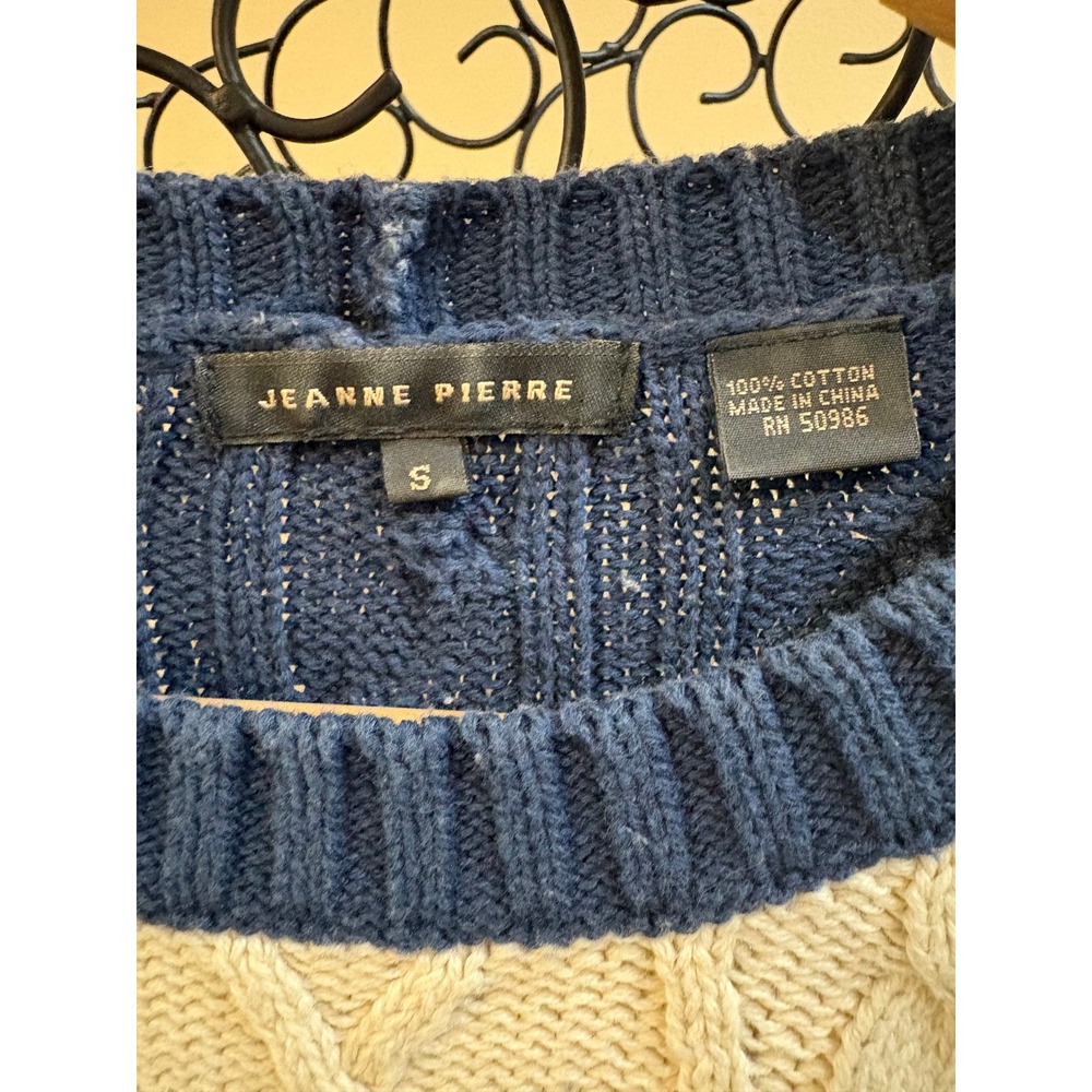 Jeanne Pierre Academia Prep Navy Cream Striped Cable Knit Cotton Sweater Size S - Picture 4 of 6